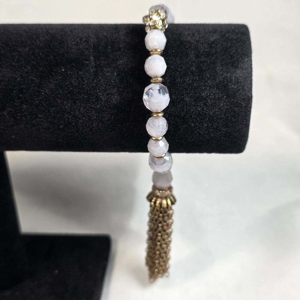 Lavender Faceted-Bead Stretch Bracelet Bronze Chain Tassel Sparkly Charm Accent